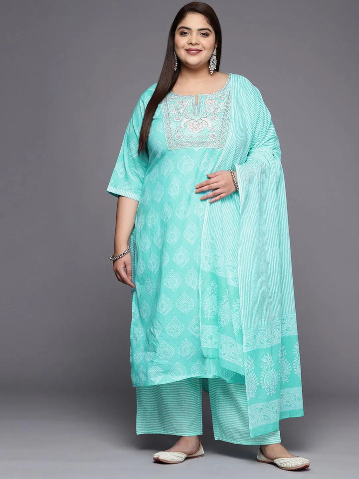 Plus Size Blue Yoke Design Cotton Straight Suit Set - Libas