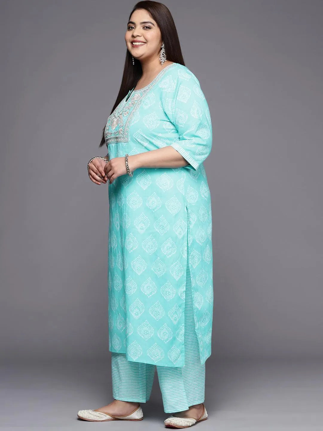 Plus Size Blue Yoke Design Cotton Straight Suit Set - Libas