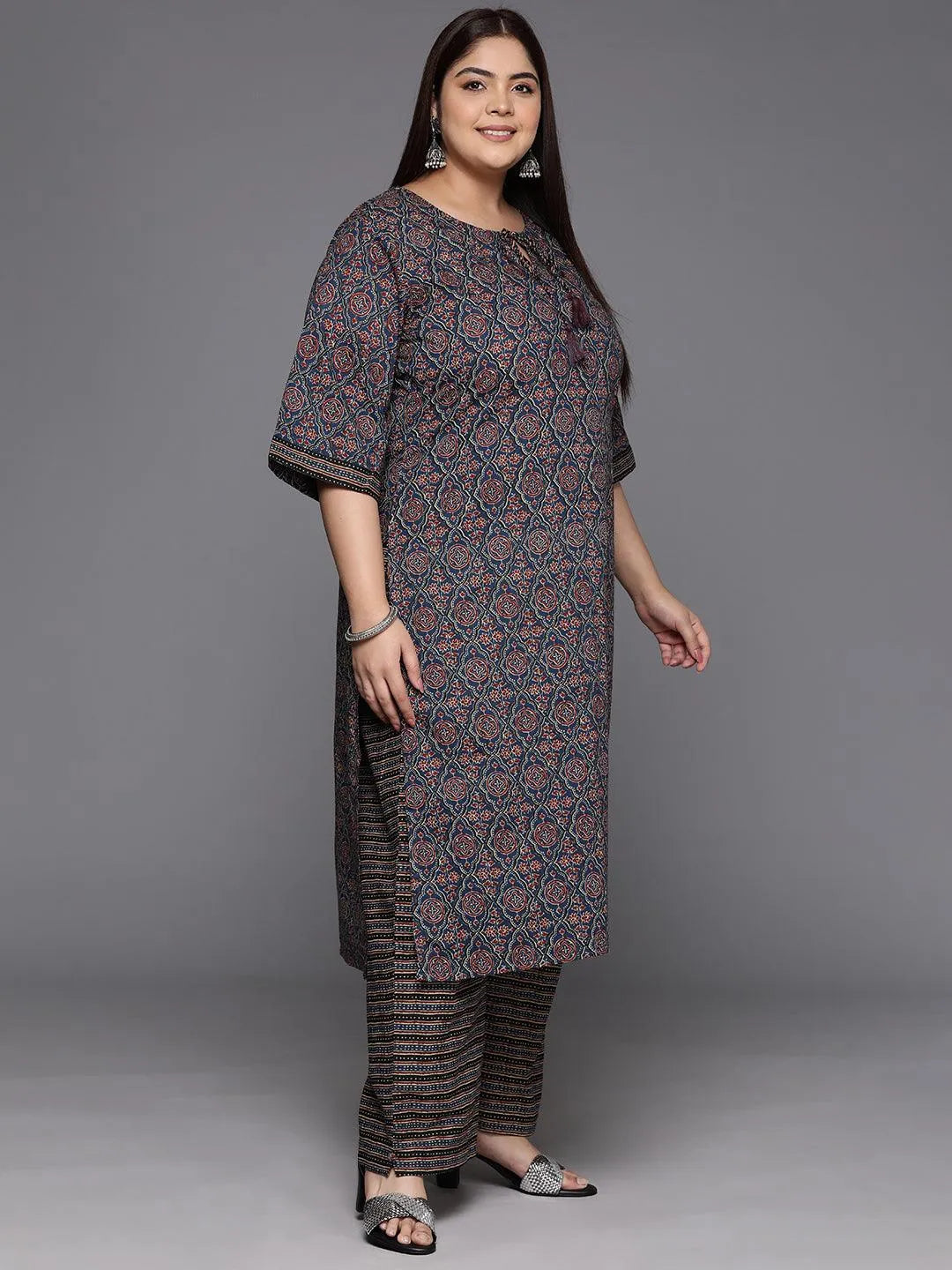 Plus Size Blue Printed Cotton Straight Kurta With Trousers & Dupatta - Libas