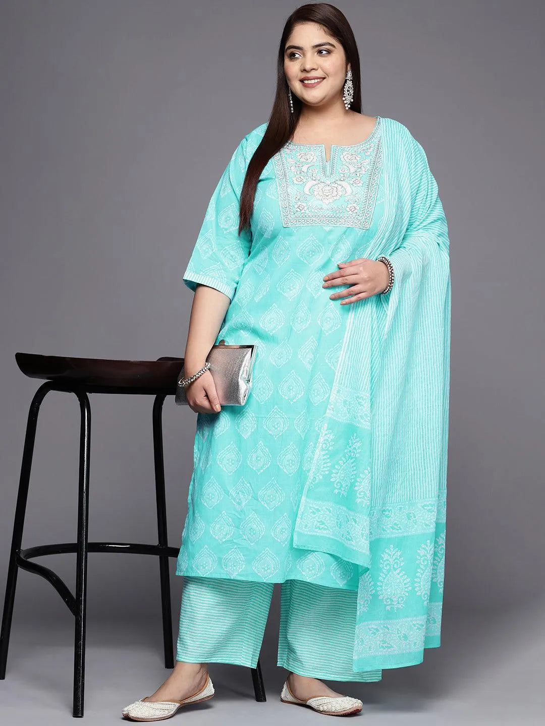 Plus Size Blue Yoke Design Cotton Straight Suit Set - Libas 