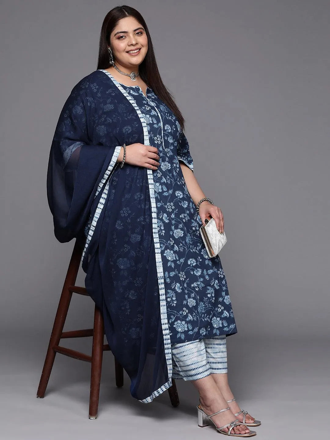 Plus Size Blue Printed Cotton Suit Set With Trousers - Libas