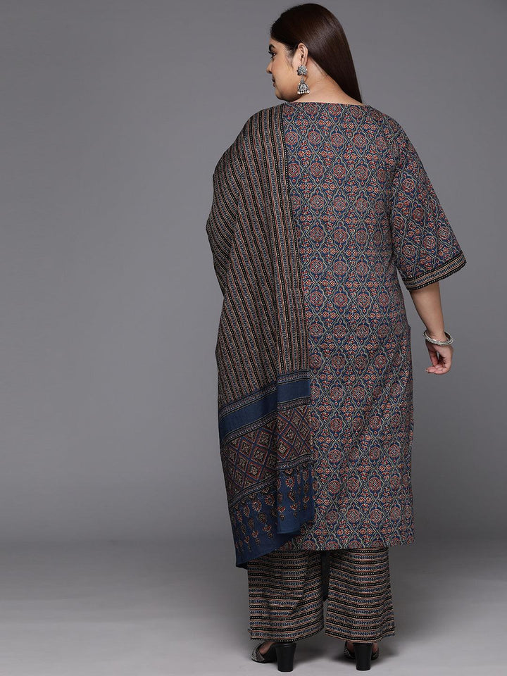 Plus Size Blue Printed Cotton Straight Kurta With Trousers & Dupatta - Libas