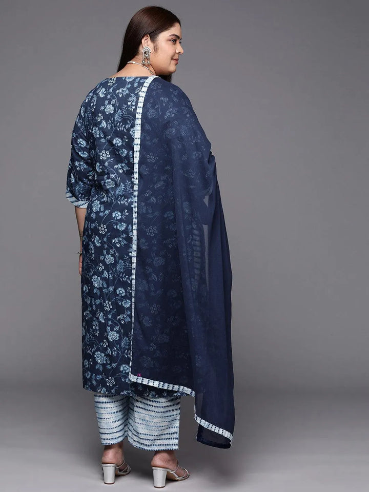 Plus Size Blue Printed Cotton Suit Set With Trousers - Libas