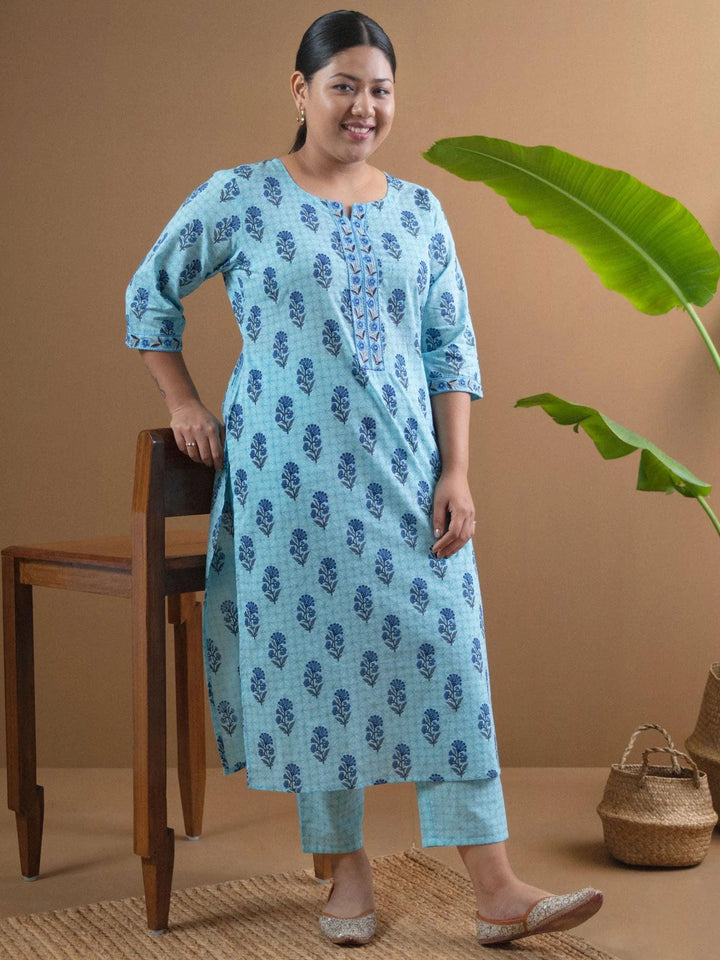 Plus Size Blue Printed Cotton Kurta Set - Libas