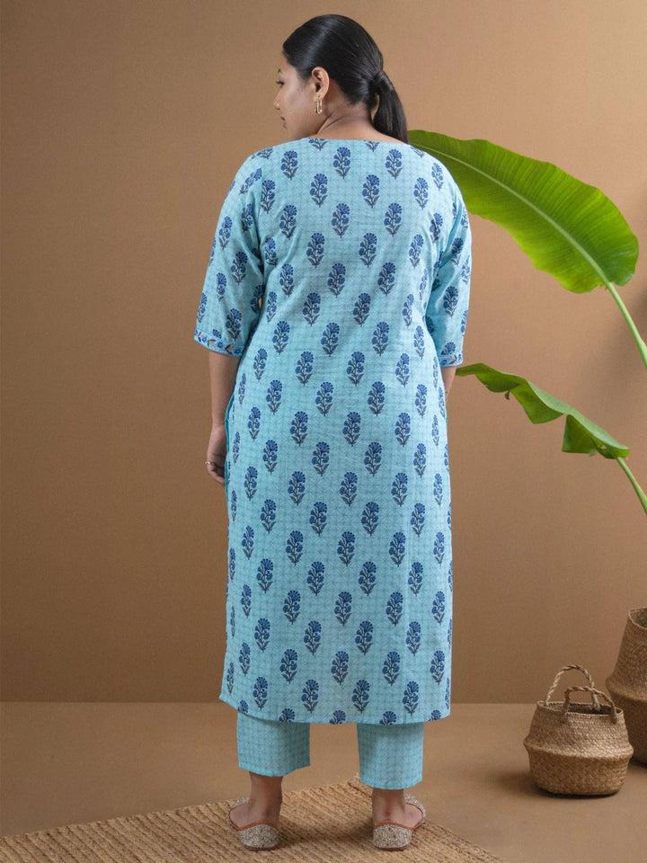 Plus Size Blue Printed Cotton Kurta Set - Libas