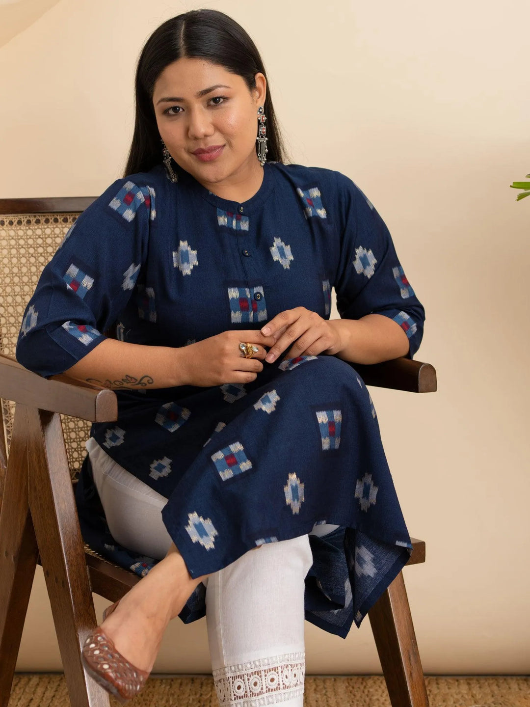 Plus Size Blue Printed Rayon Kurta - Libas