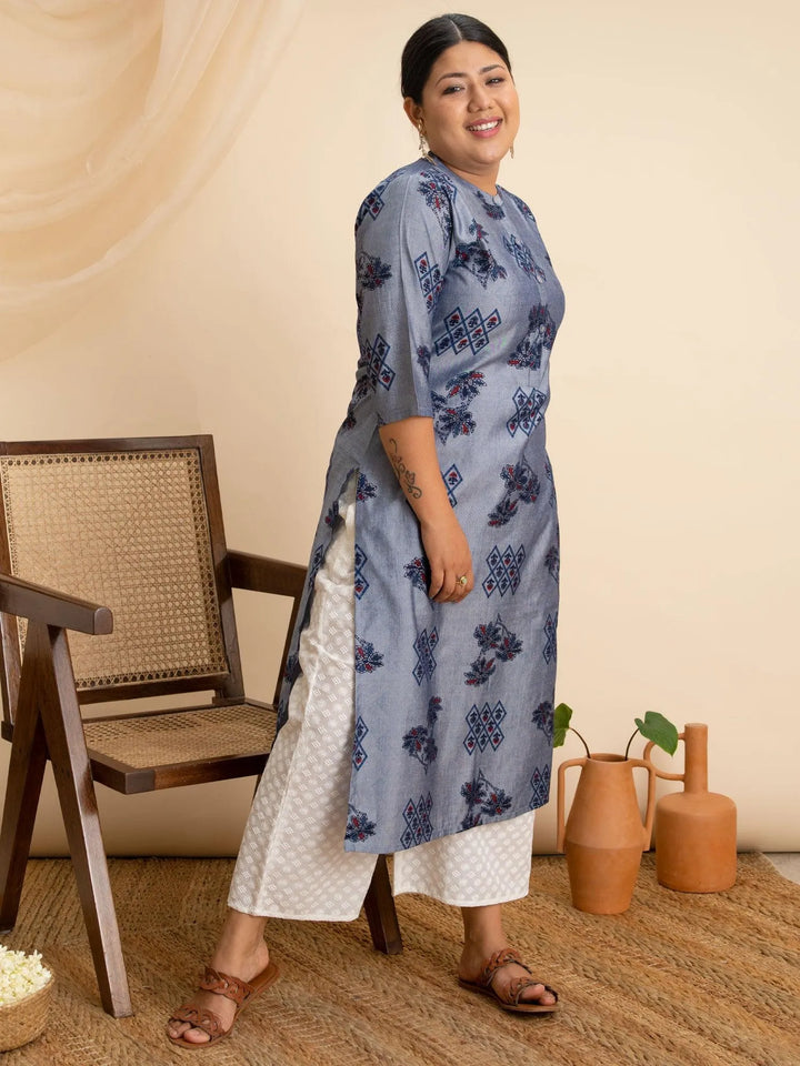 Plus Size Blue Printed Rayon Kurta - Libas