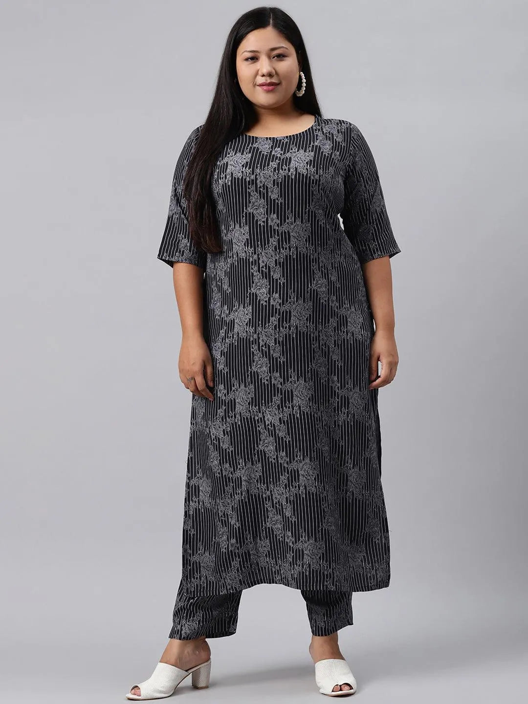 Plus Size Blue Printed Rayon Kurta - Libas