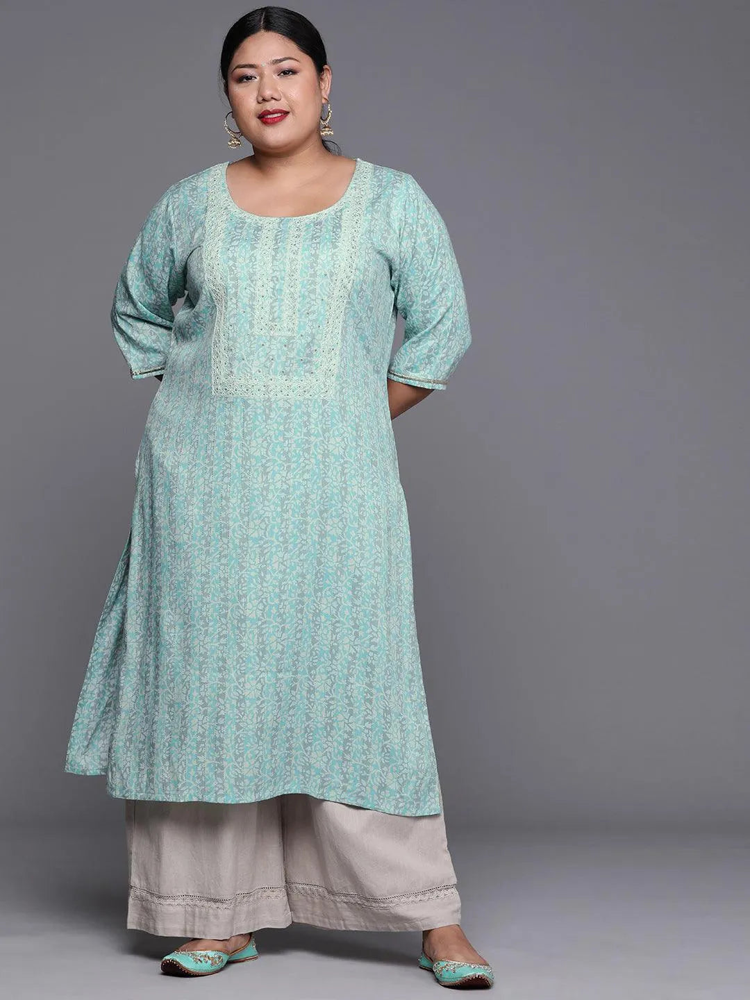 Plus Size Blue Yoke Design Rayon Kurta - Libas