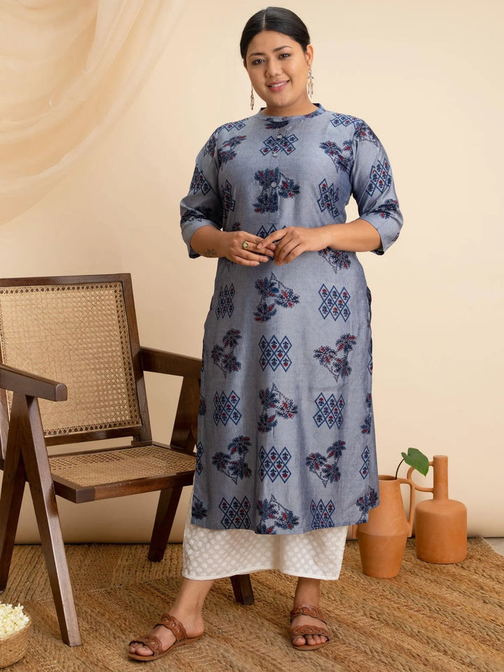 Plus Size Blue Printed Rayon Kurta - Libas