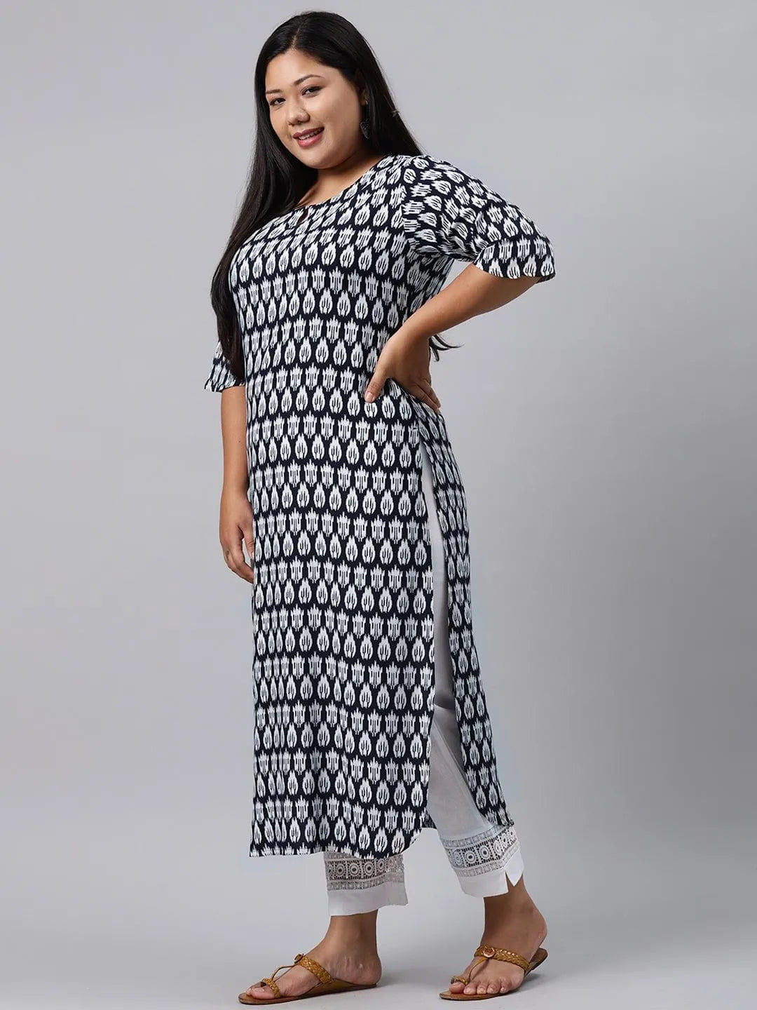 Plus Size Blue Printed Rayon Kurta - Libas