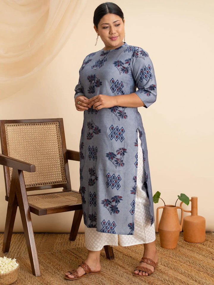 Plus Size Blue Printed Rayon Kurta - Libas