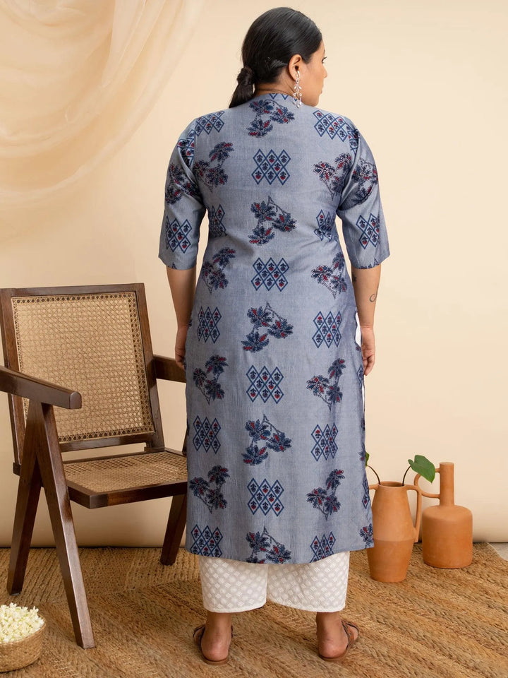 Plus Size Blue Printed Rayon Kurta - Libas