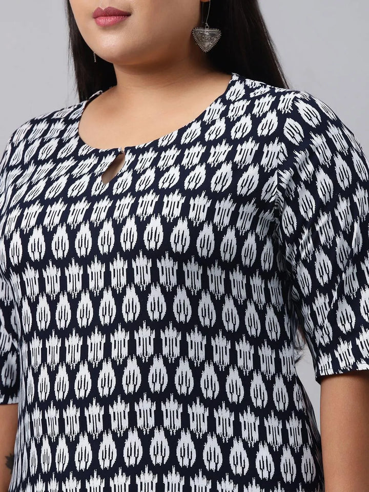 Plus Size Blue Printed Rayon Kurta - Libas