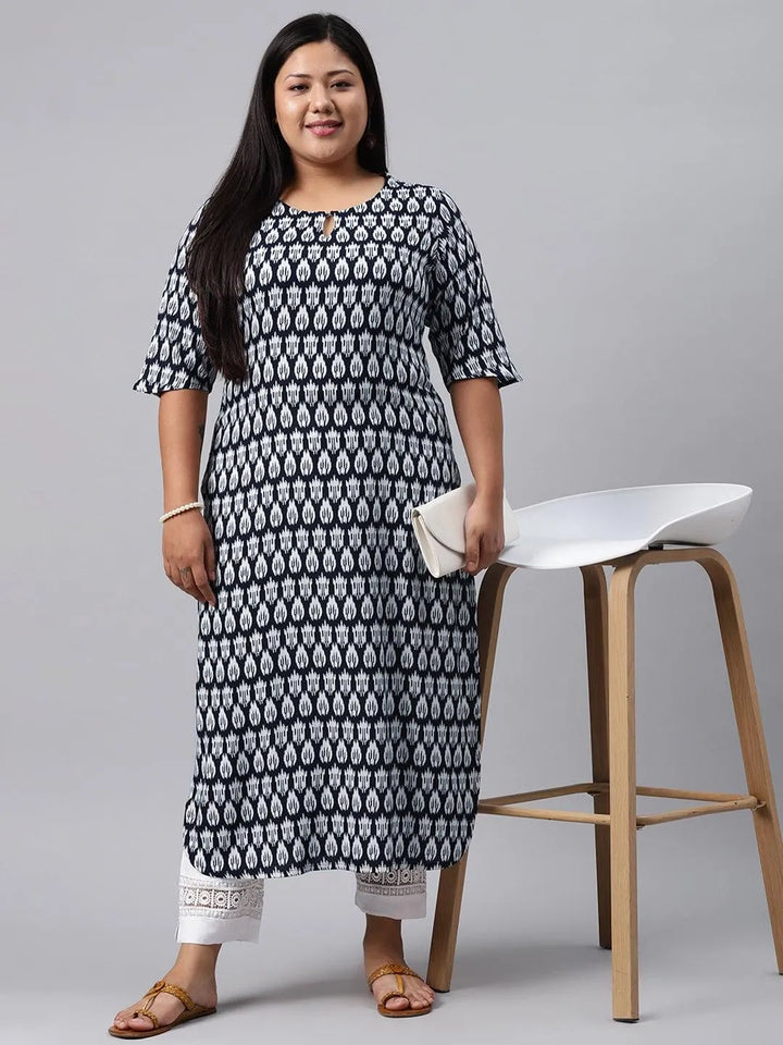 Plus Size Blue Printed Rayon Kurta - Libas