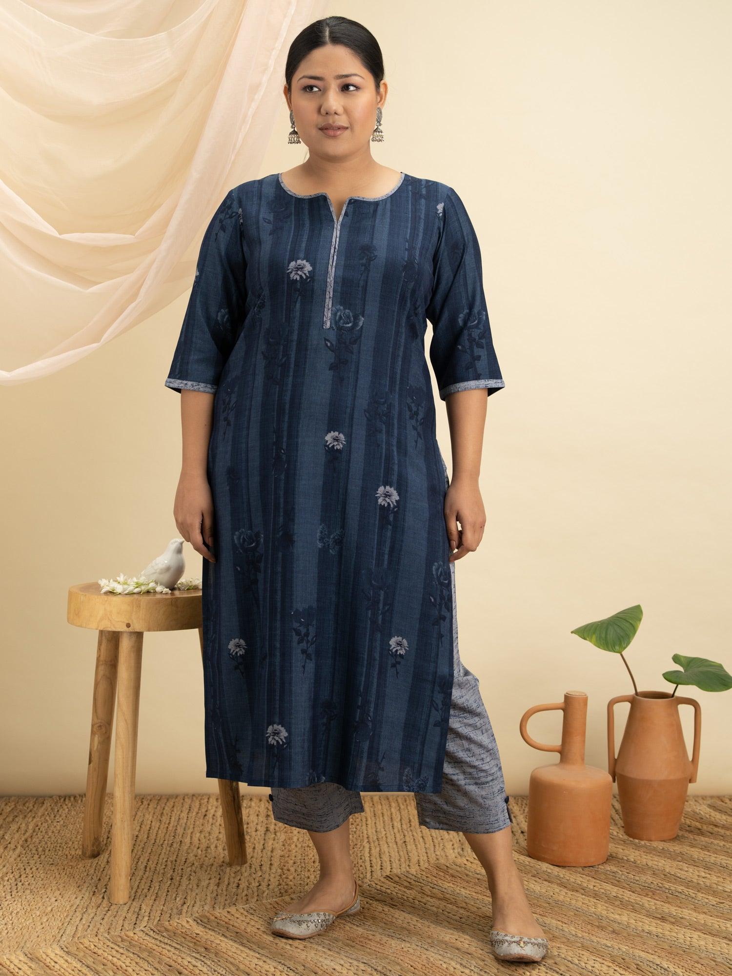 Plus Size Blue Printed Rayon Straight Kurta With Trousers