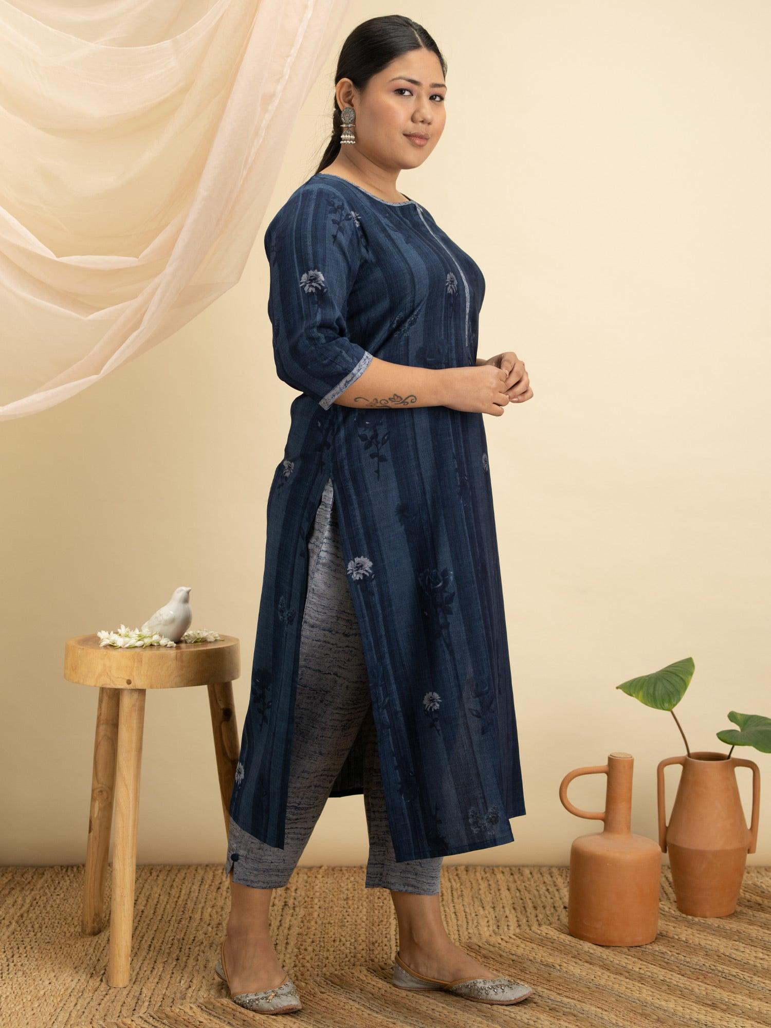 Plus Size Blue Printed Rayon Straight Kurta With Trousers