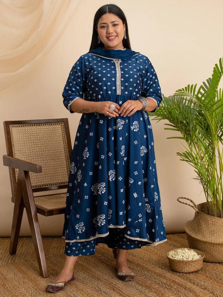 Plus Size Blue Printed Silk Suit Set - Libas