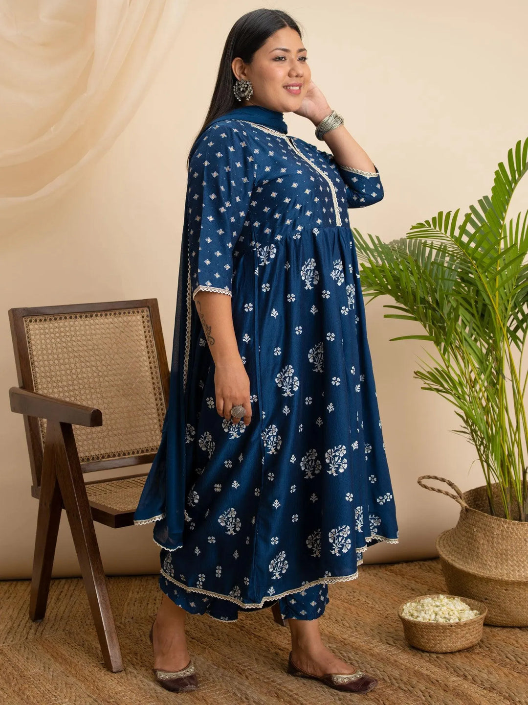 Plus Size Blue Printed Silk Suit Set - Libas