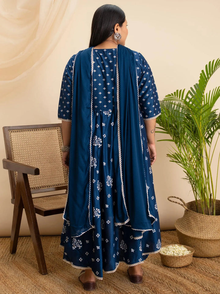 Plus Size Blue Printed Silk Suit Set - Libas