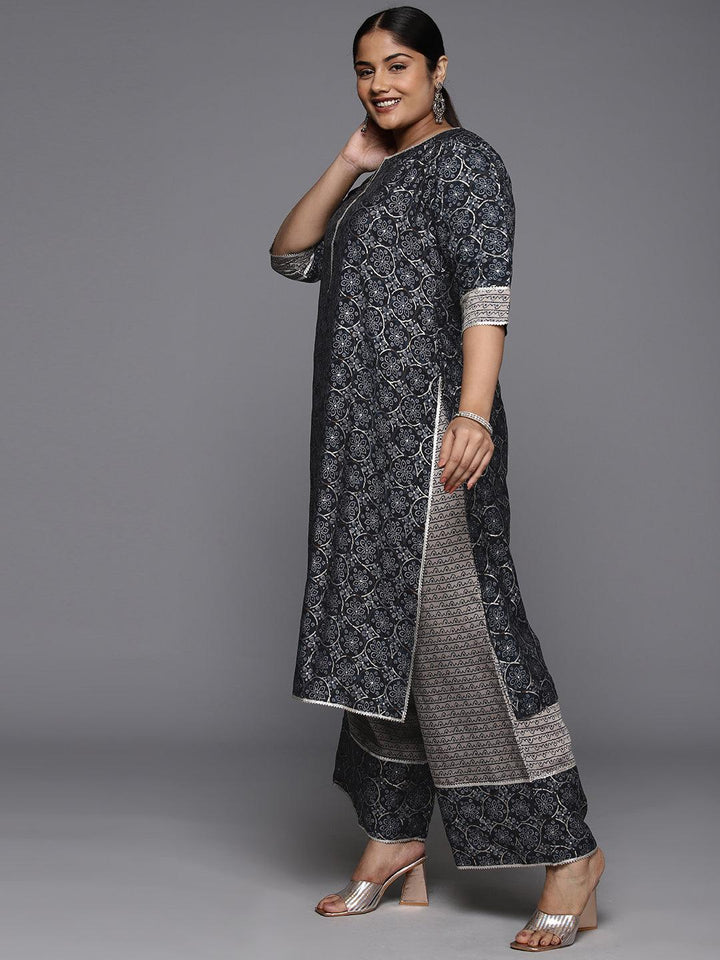 Plus Size Blue Printed Silk Blend Straight Kurta With Palazzos & Dupatta - Libas