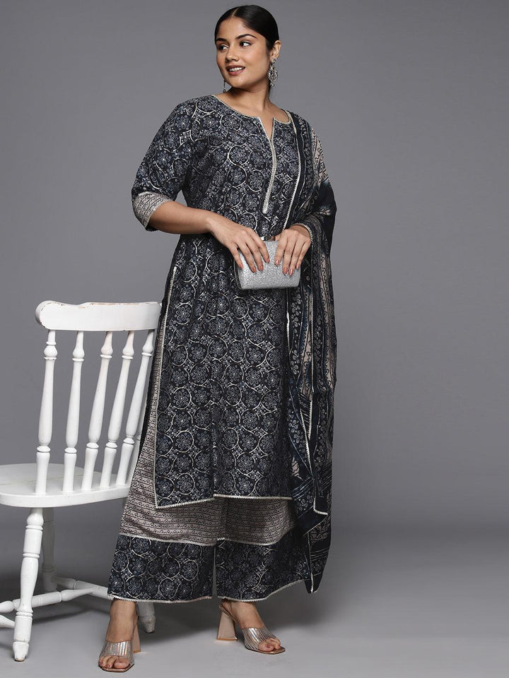 Plus Size Blue Printed Silk Blend Straight Kurta With Palazzos & Dupatta - Libas