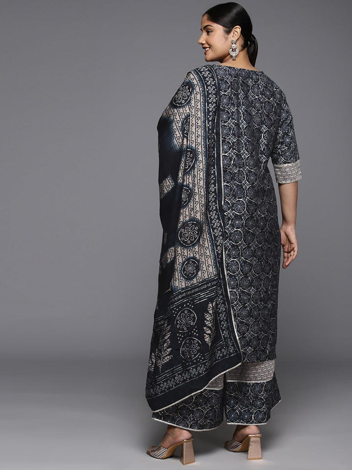 Plus Size Blue Printed Silk Blend Straight Kurta With Palazzos & Dupatta - Libas