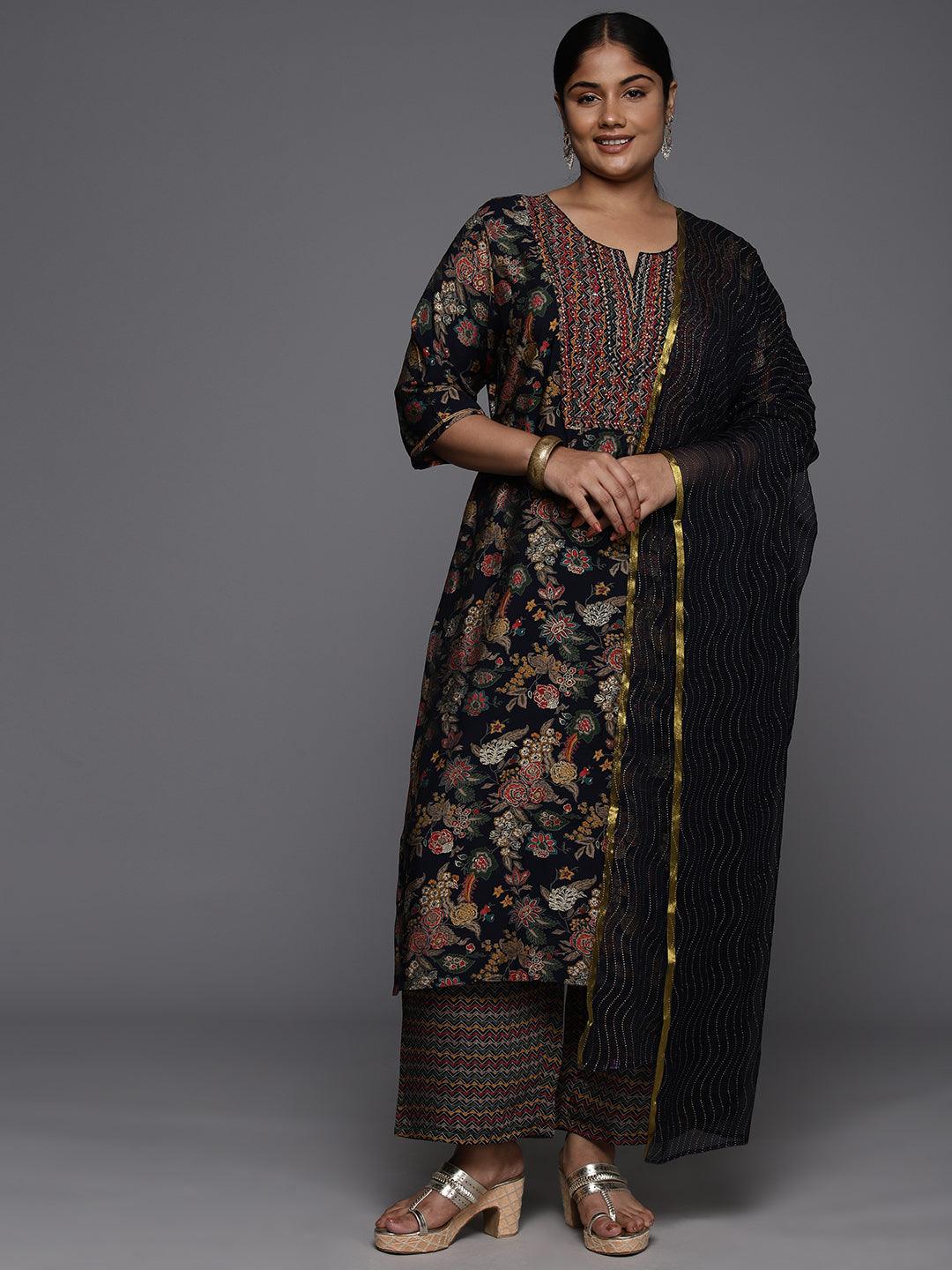 Plus Size Blue Printed Silk Blend Straight Kurta With Trousers & Dupatta - Libas 