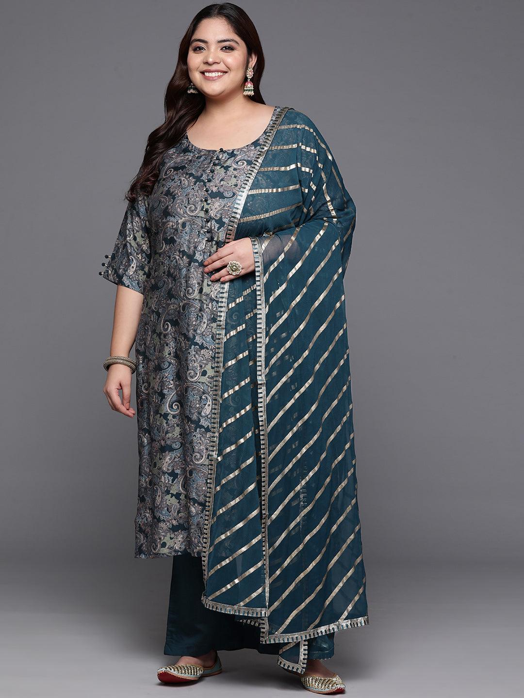 Plus Size Blue Printed Silk Blend Straight Kurta With Trousers & Dupatta - Libas 