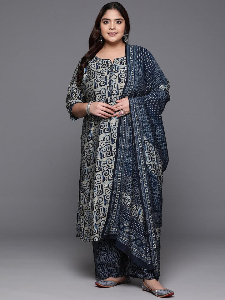 Plus Size Blue Printed Silk Blend Straight Kurta With Trousers & Dupatta - Libas