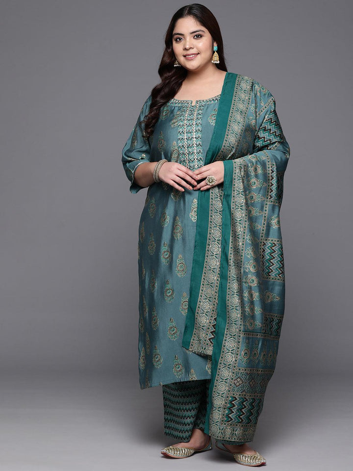 Plus Size Blue Printed Silk Blend Straight Kurta With Trousers & Dupatta - Libas