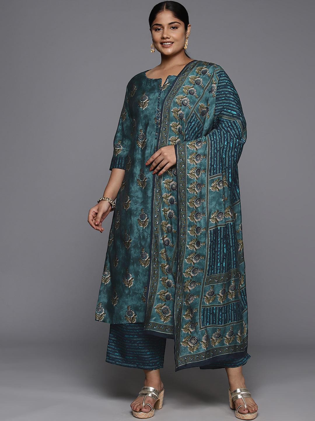 Plus Size Blue Printed Silk Blend Straight Kurta With Trousers & Dupatta - Libas