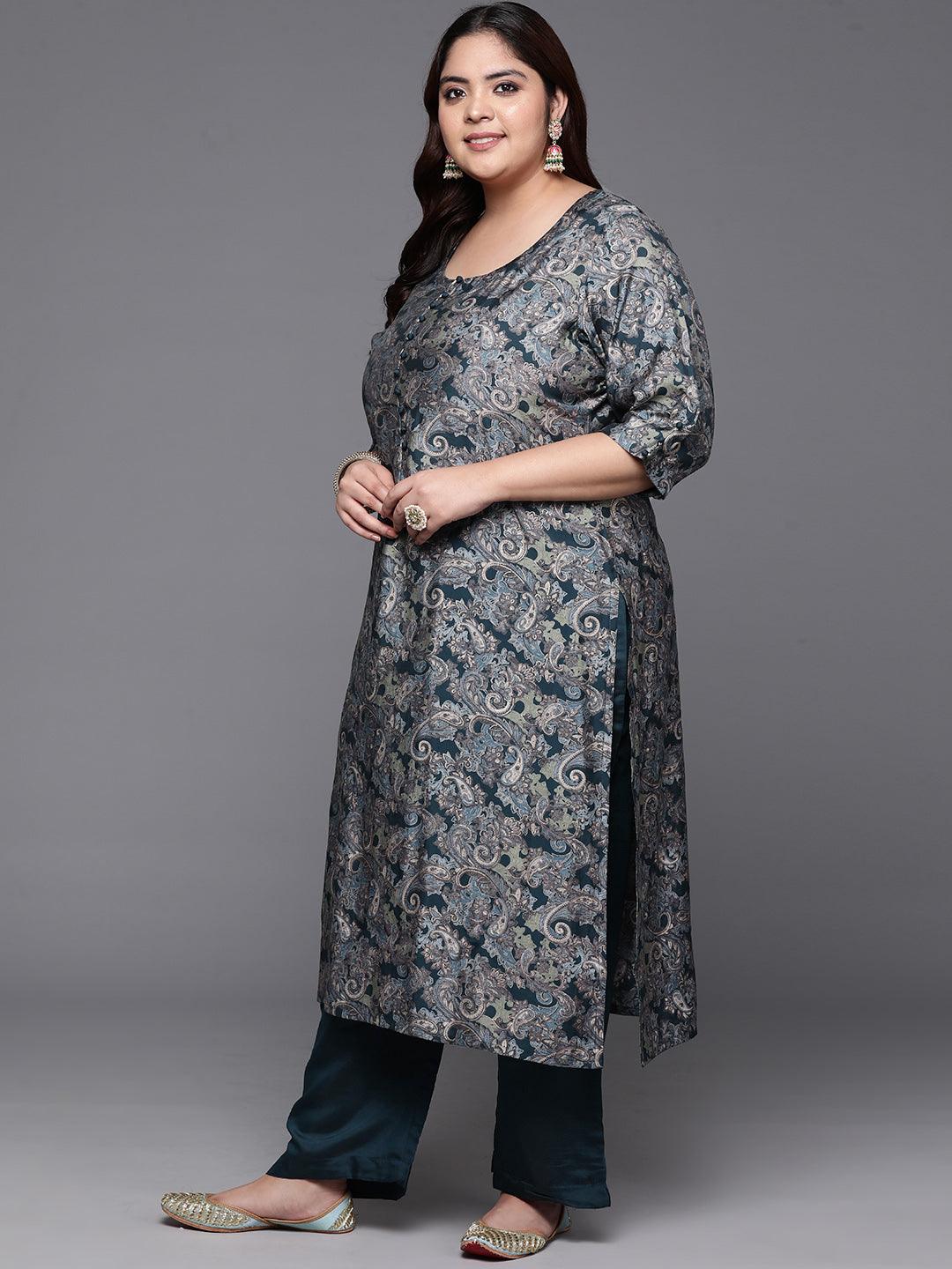 Plus Size Blue Printed Silk Blend Straight Kurta With Trousers & Dupatta - Libas