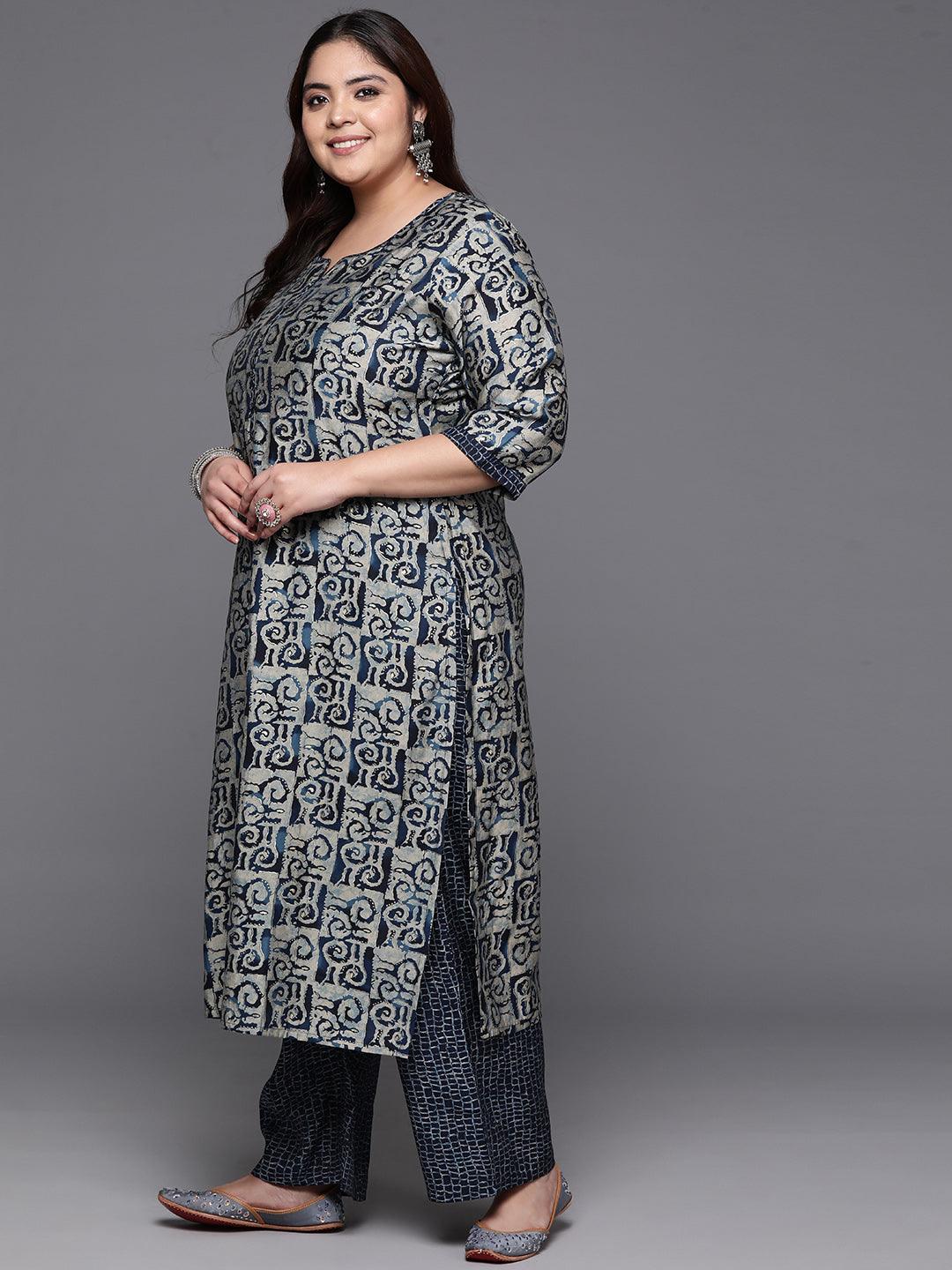 Plus Size Blue Printed Silk Blend Straight Kurta With Trousers & Dupatta - Libas