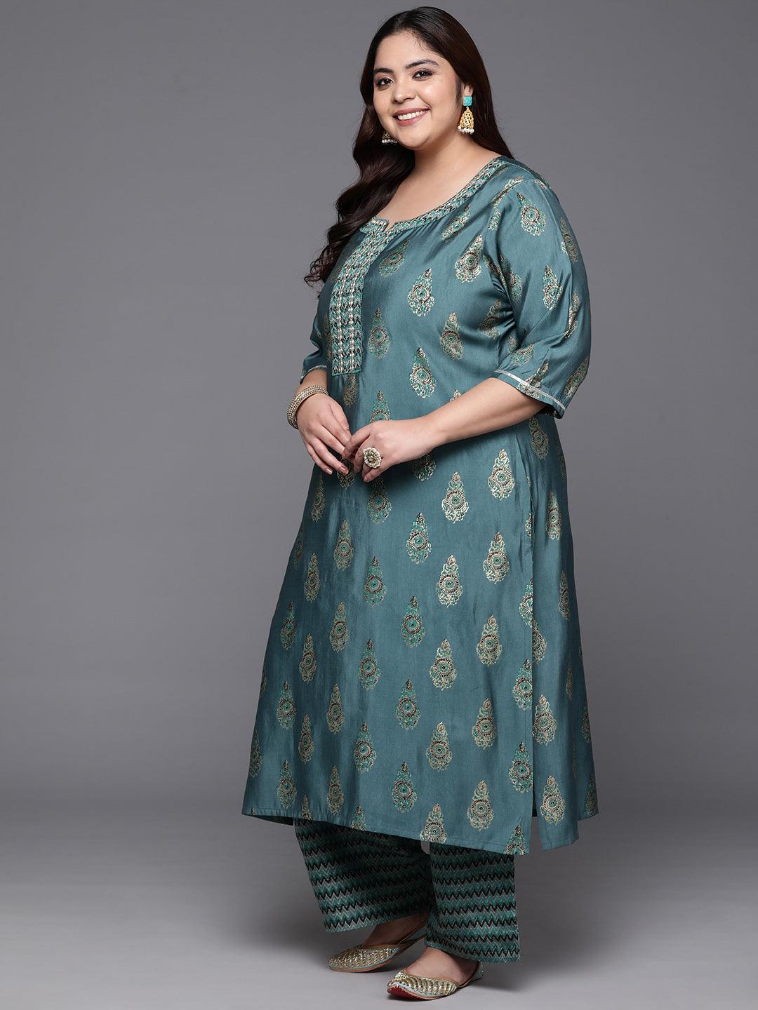 Plus Size Blue Printed Silk Blend Straight Kurta With Trousers & Dupatta - Libas