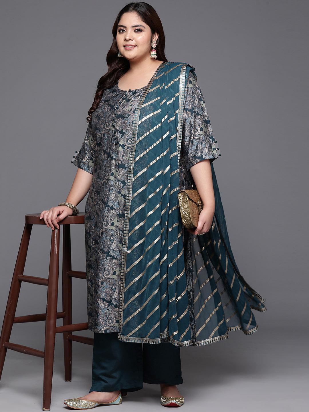 Plus Size Blue Printed Silk Blend Straight Kurta With Trousers & Dupatta - Libas 