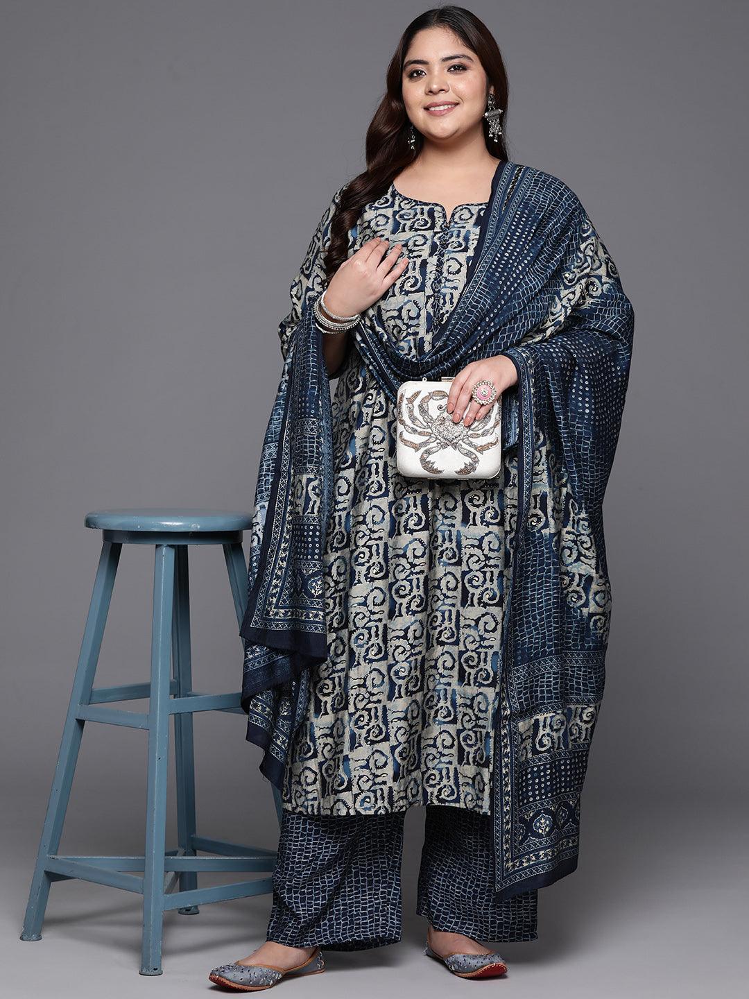 Plus Size Blue Printed Silk Blend Straight Kurta With Trousers & Dupatta - Libas