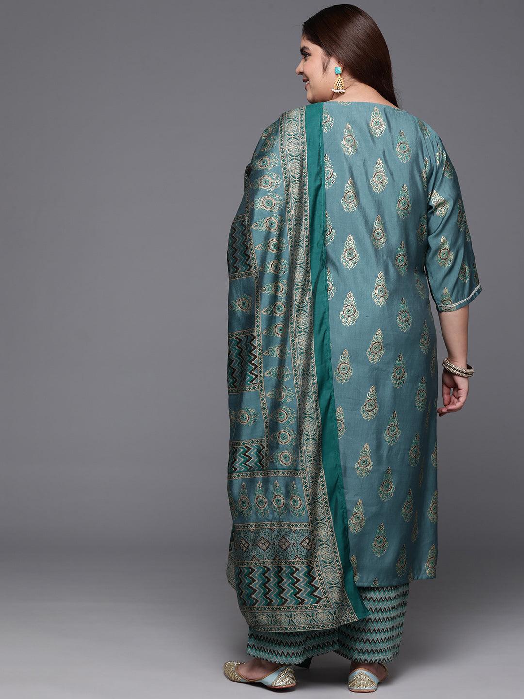 Plus Size Blue Printed Silk Blend Straight Kurta With Trousers & Dupatta - Libas