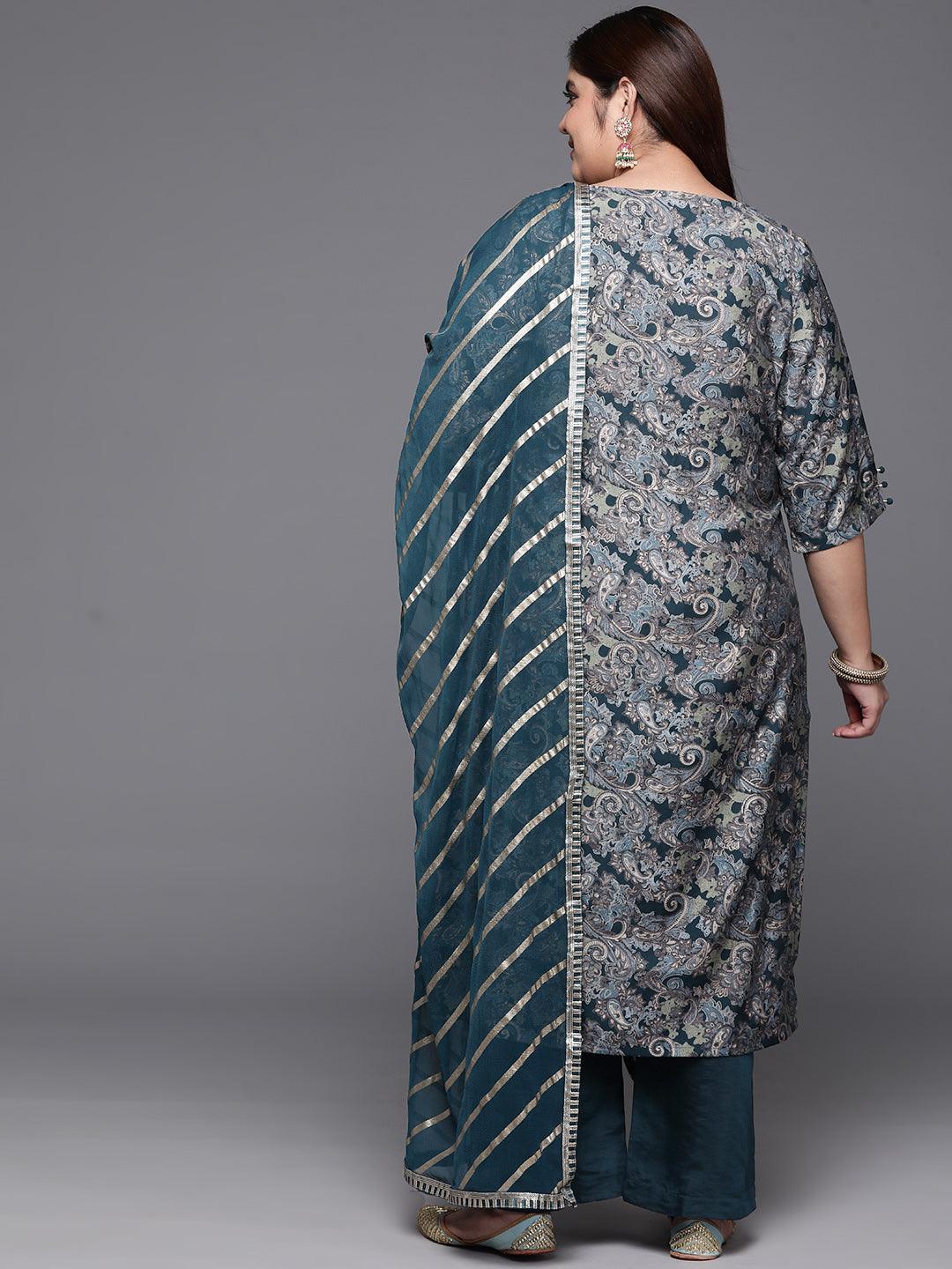 Plus Size Blue Printed Silk Blend Straight Kurta With Trousers & Dupatta - Libas 