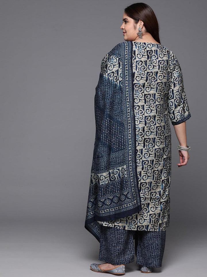 Plus Size Blue Printed Silk Blend Straight Kurta With Trousers & Dupatta - Libas