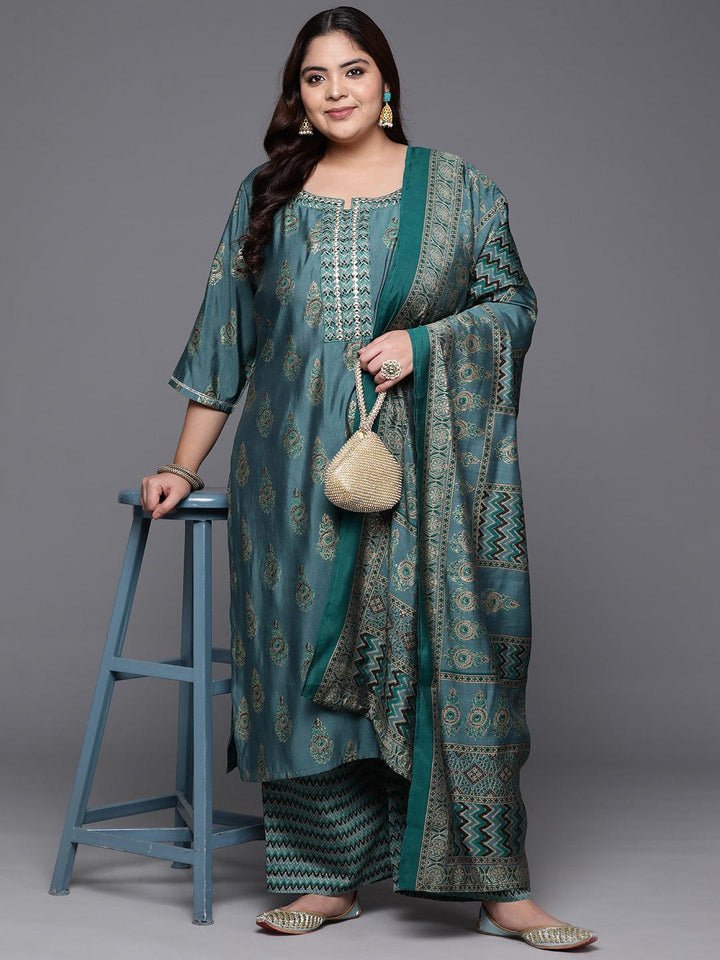 Plus Size Blue Printed Silk Blend Straight Kurta With Trousers & Dupatta - Libas