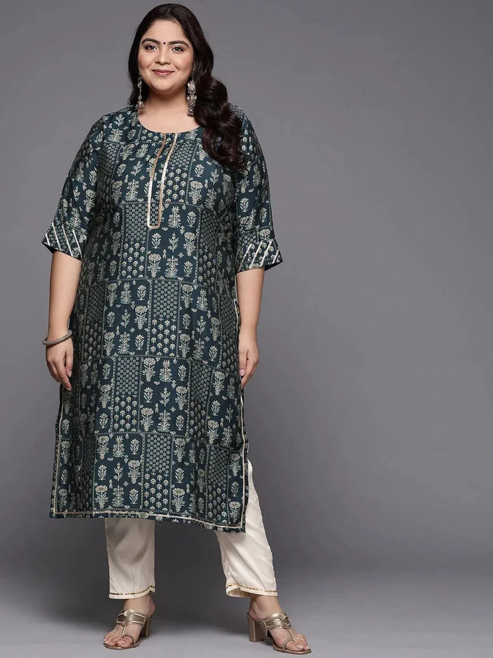 Plus Size Blue Printed Silk Straight Kurta - Libas