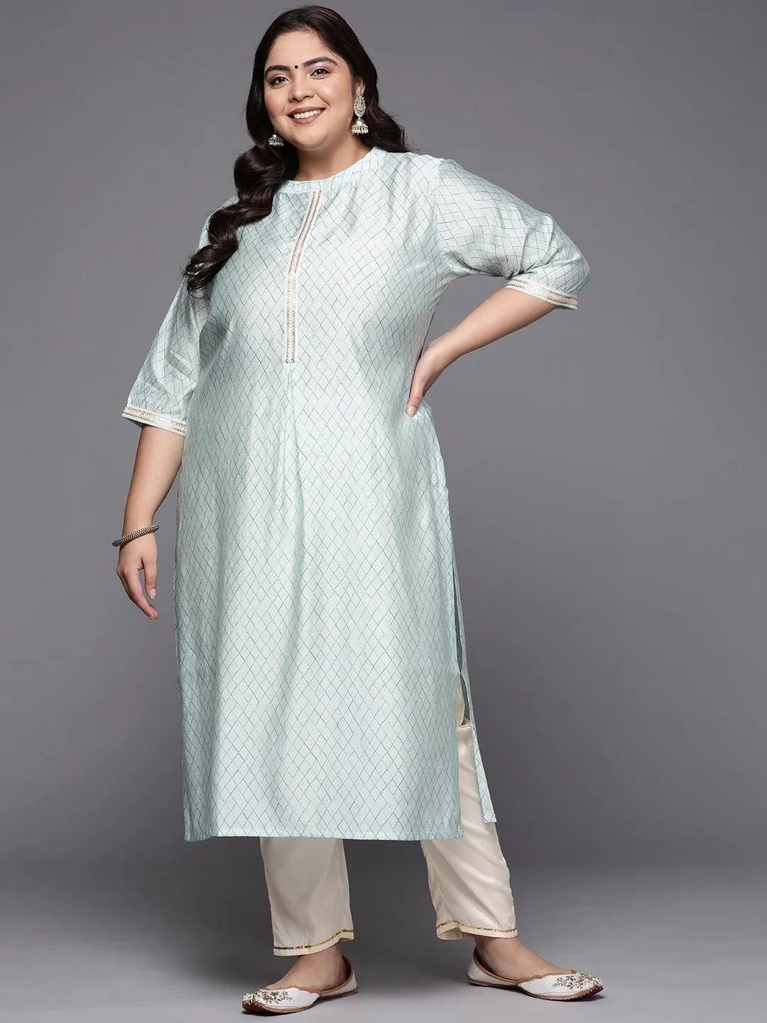 Plus Size Blue Printed Silk Straight Kurta - Libas