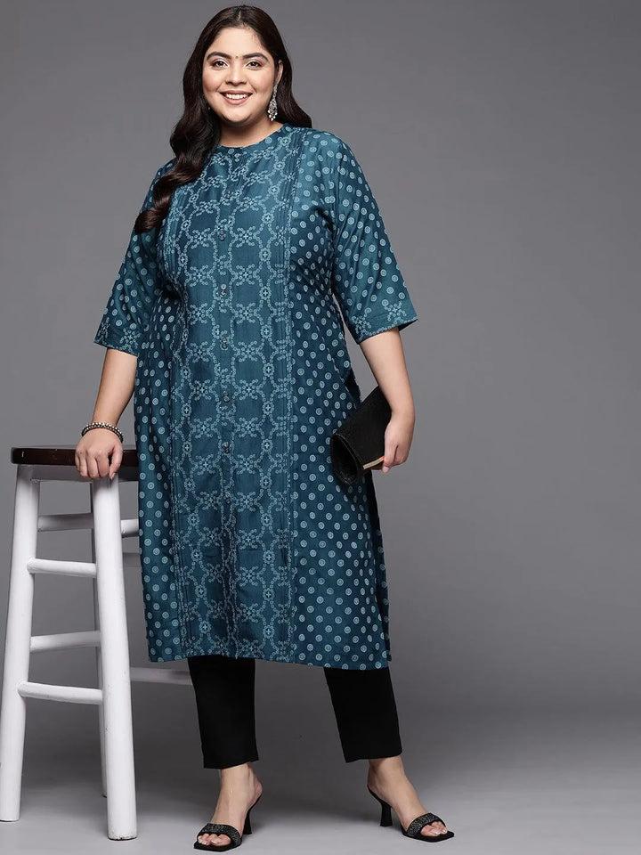 Plus Size Blue Printed Silk Straight Kurta - Libas