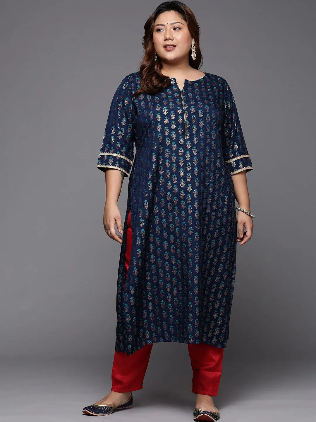 Plus Size Blue Printed Silk Straight Kurta - Libas