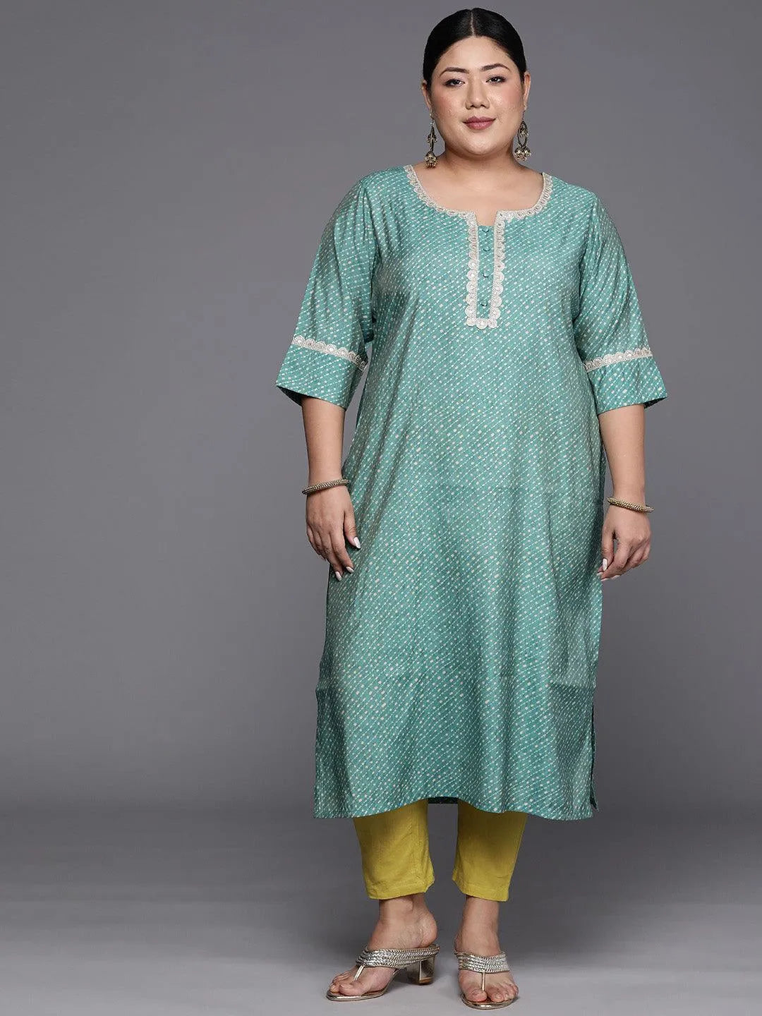 Plus Size Blue Printed Silk Straight Kurta - Libas