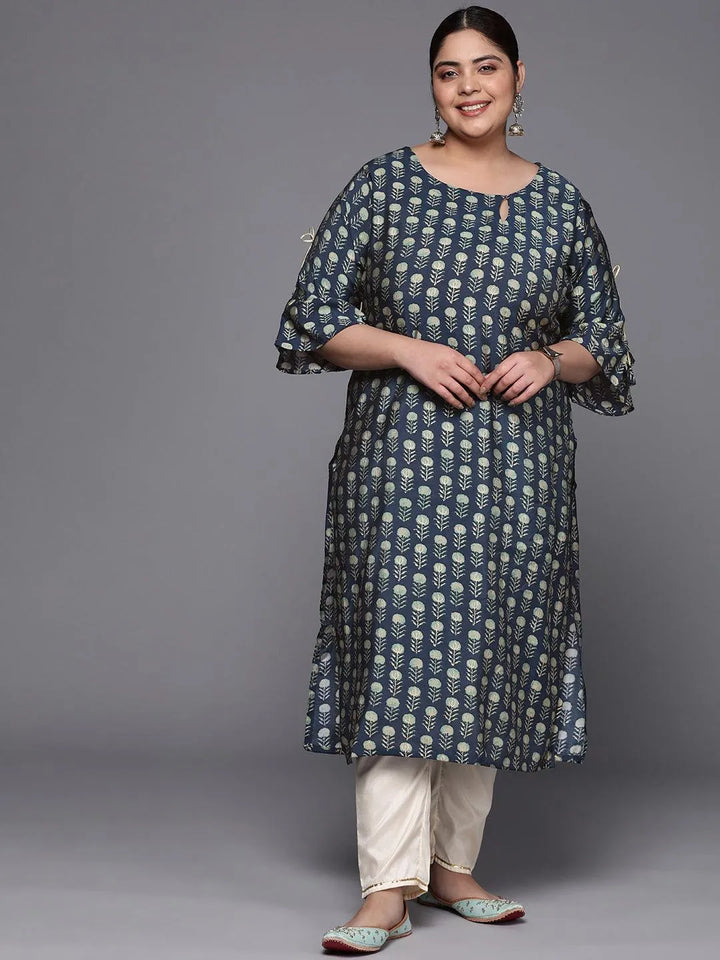 Plus Size Blue Printed Silk Straight Kurta - Libas