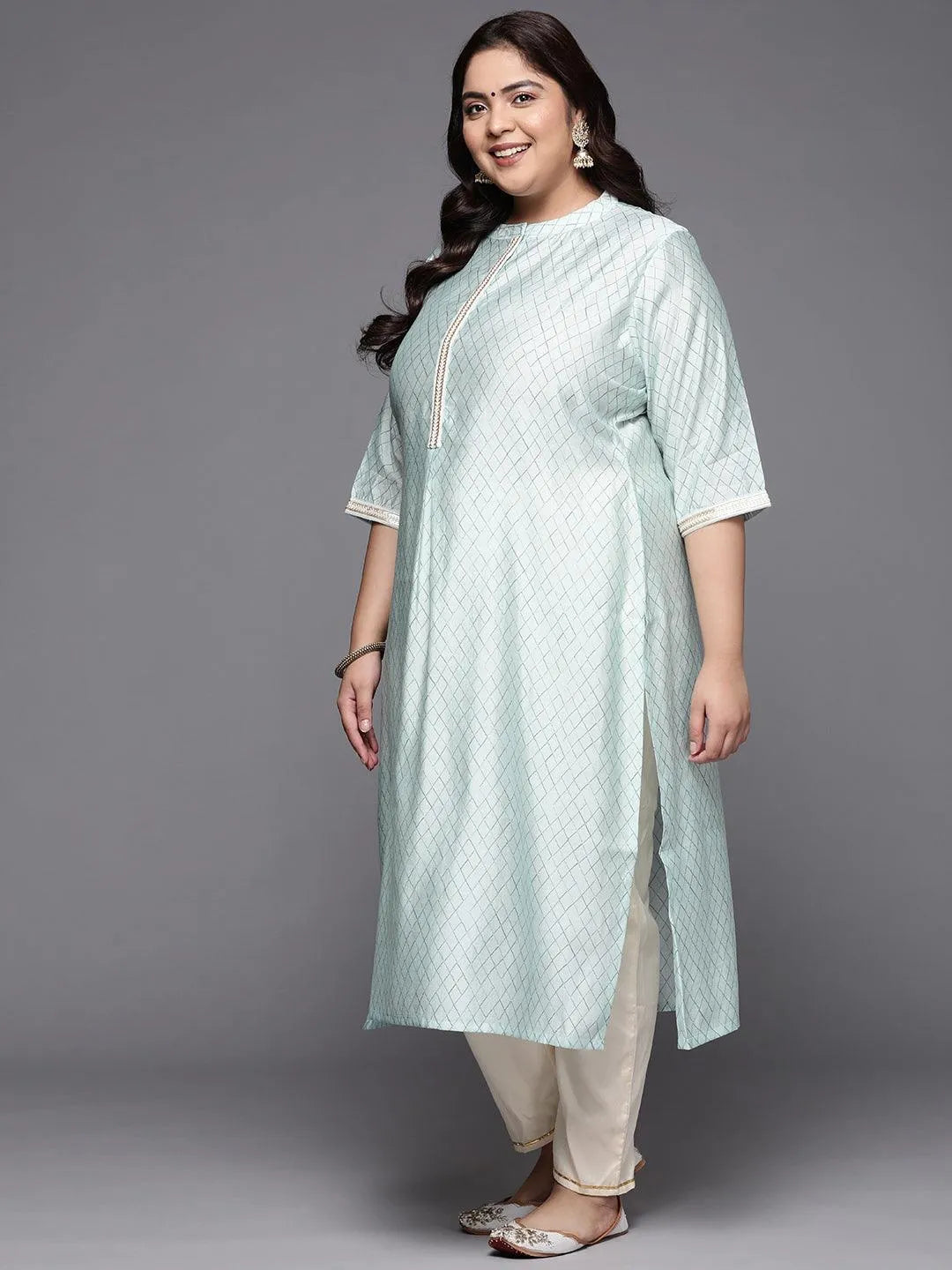 Plus Size Blue Printed Silk Straight Kurta - Libas