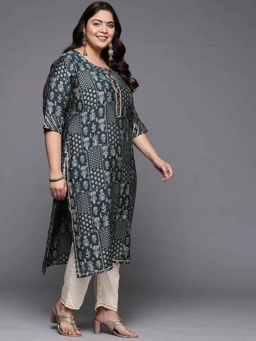 Plus Size Blue Printed Silk Straight Kurta - Libas