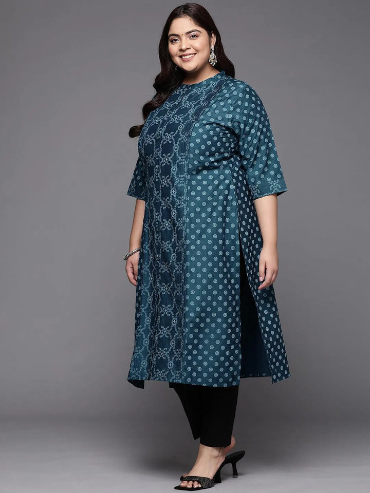 Plus Size Blue Printed Silk Straight Kurta - Libas